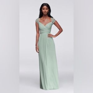 Dusty Sage Long Dress with Lace Cap Sleeves